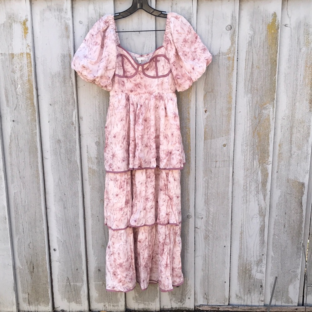 BAEVELY Romantic Pink Tiered Puff-Sleeve Maxi Dress- size small